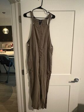 Nicole Miller Olive-Taupe Women's Linen Overalls